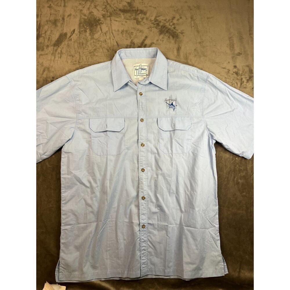 Guy Harvey Shirt XL Light Blue Fish Nylon Button Up Short Sleeve Swordfish Logo